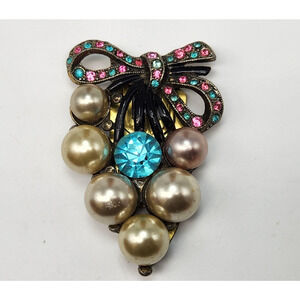 Vintage Art Deco Faux Pearl Multicolored Rhinestone Hinged Scarf Dress Clip